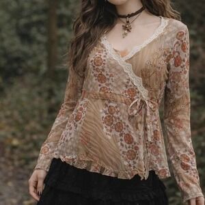 VTG Y2K 90s Floral LS Flare Lace Babydoll Earth Fairy Grunge Boho Brown Red  L